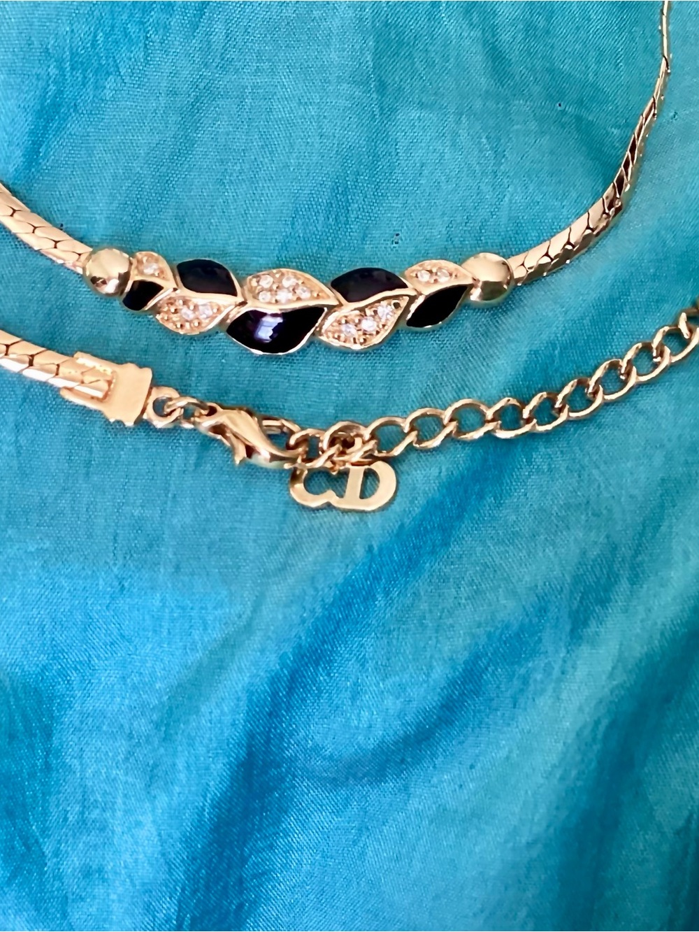 RARE Dior Vint Gold Plated Crystals Black Enamel Leaf Necklace.Long Jewelry Box